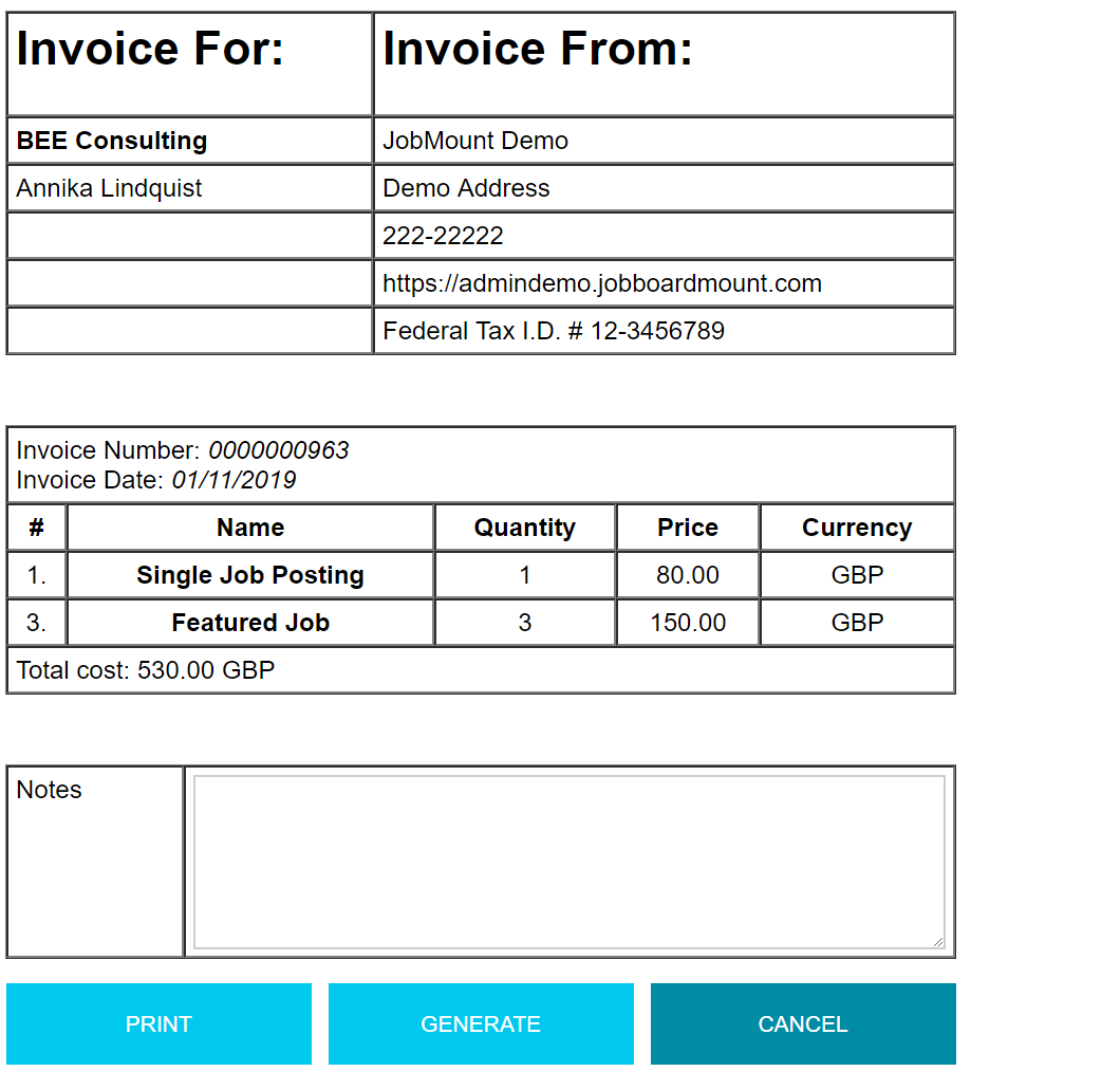Generate employer invoice form