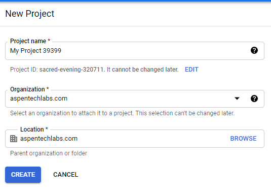 Create new project in Google