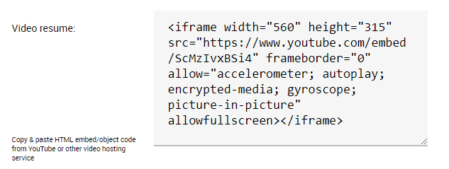 Embed video resume