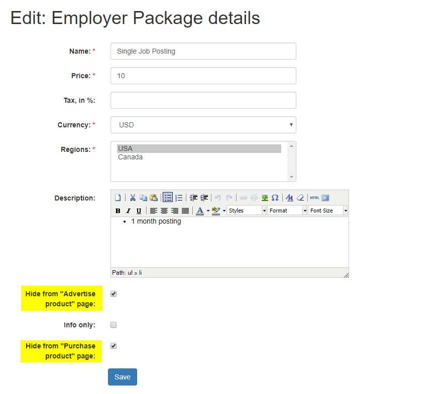 Hide from purchase and advertise node
