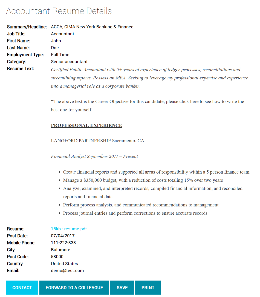 Applications tracking and applicant profile and resume file