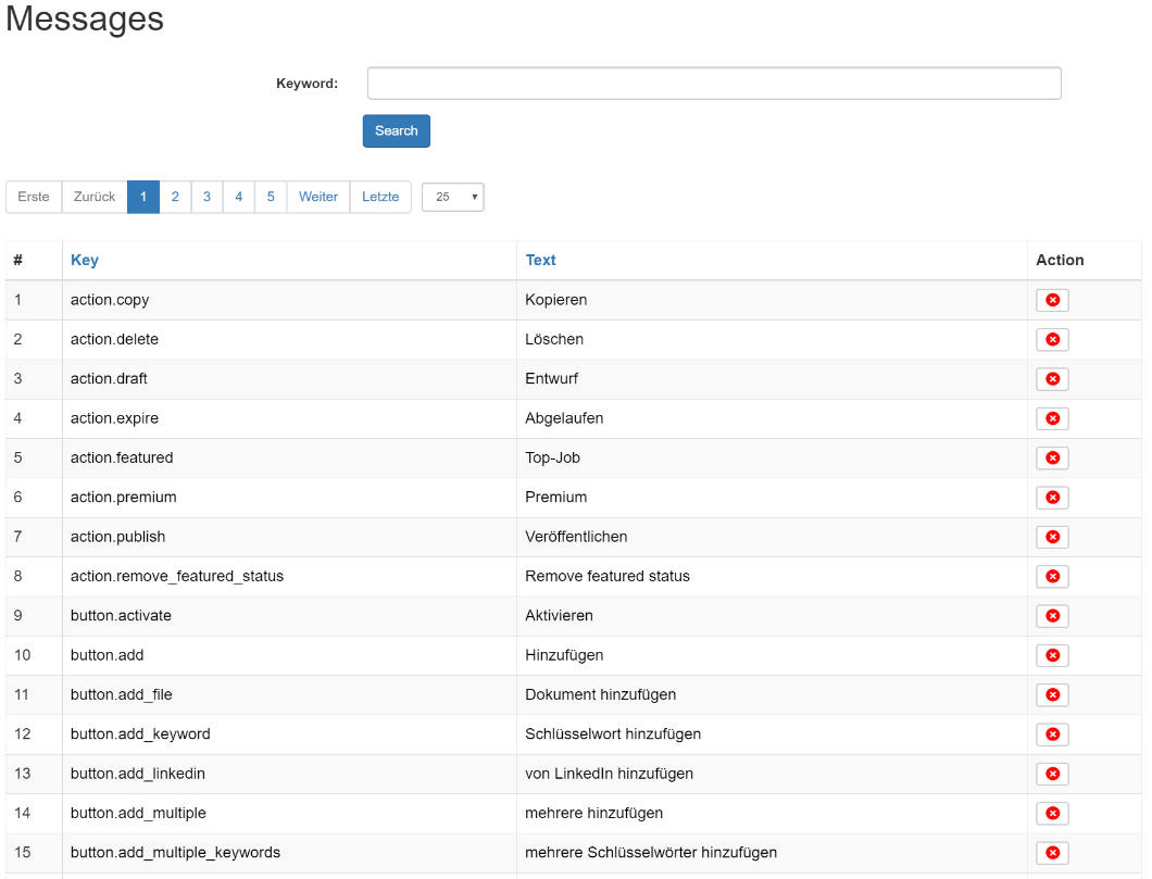 Application messages section German translation