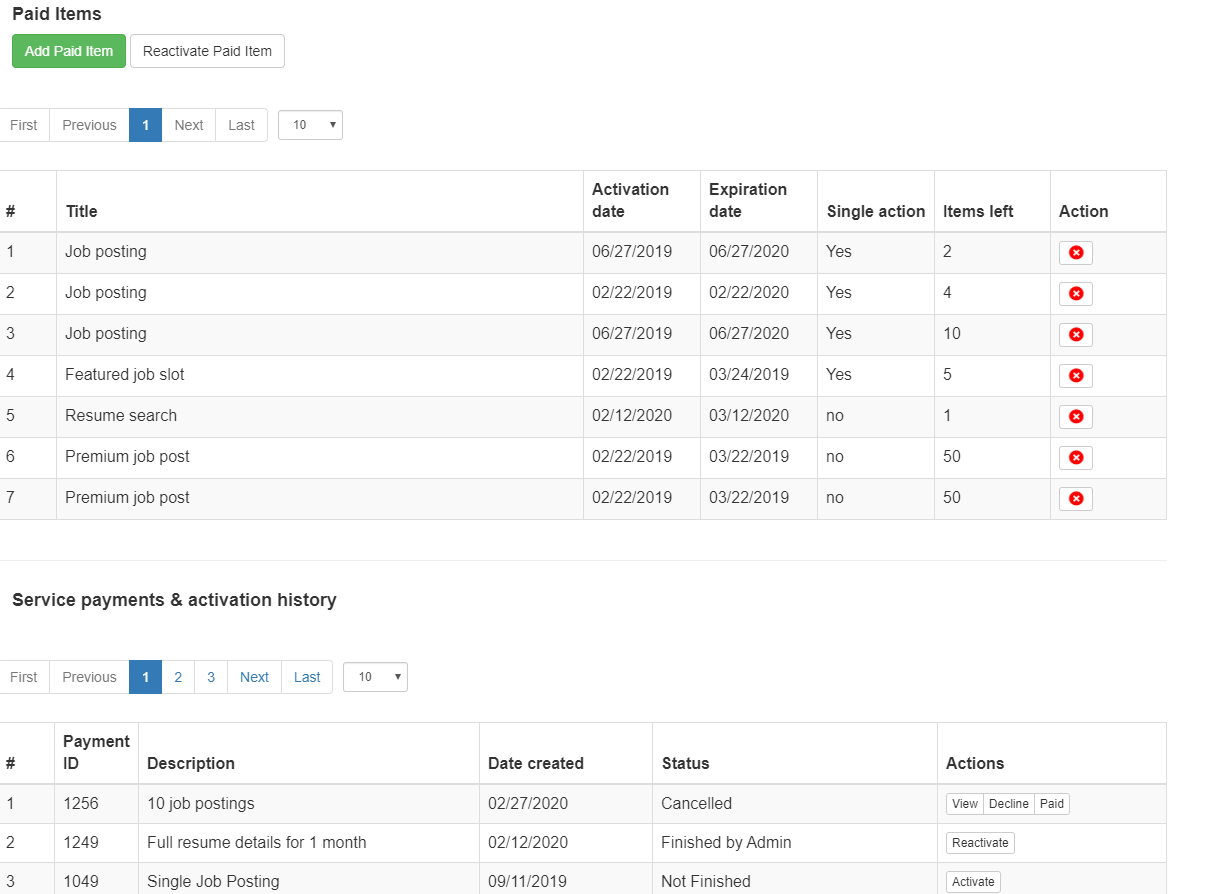 Payment history and paid items
