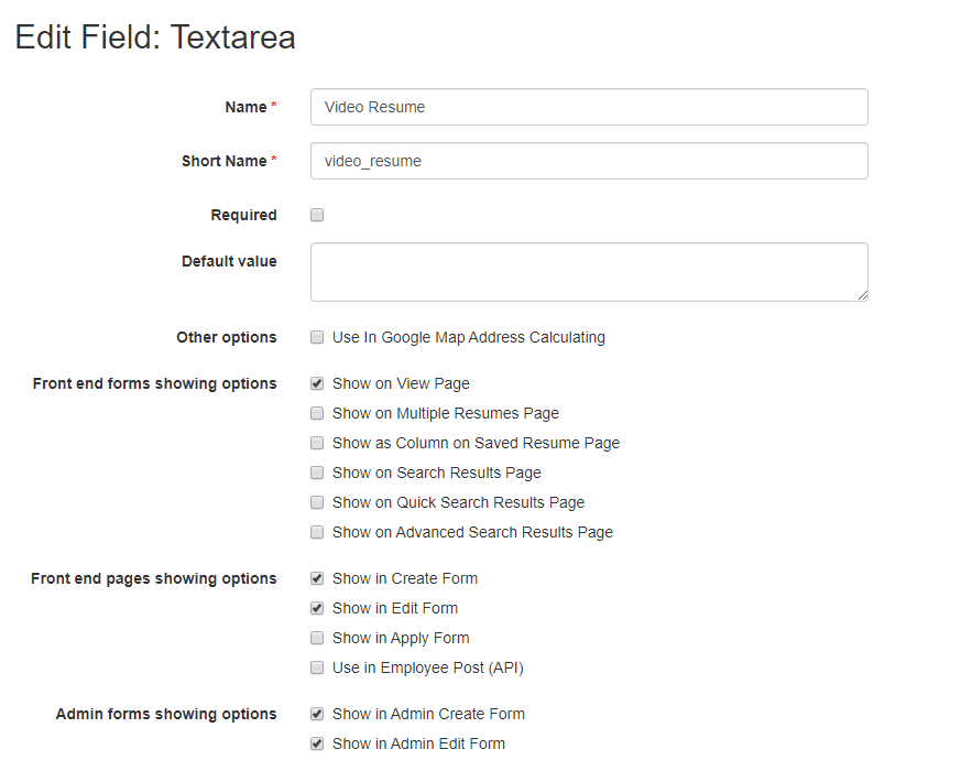 Textarea video resume field